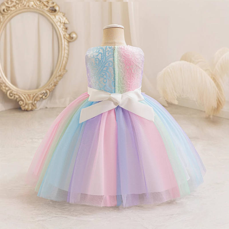 Dievčenské dúhové šaty s dlhým rukávom, sedemfarebné detské výkonnostné oblečenie, priadza Pengpeng, kvetinové šaty pre dievčatá, sukňa, zahraničný obchod, skladom