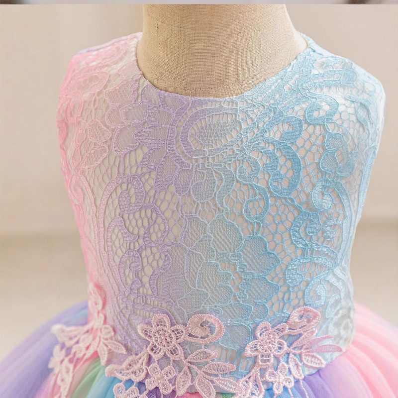 Dievčenské dúhové šaty s dlhým rukávom, sedemfarebné detské výkonnostné oblečenie, priadza Pengpeng, kvetinové šaty pre dievčatá, sukňa, zahraničný obchod, skladom