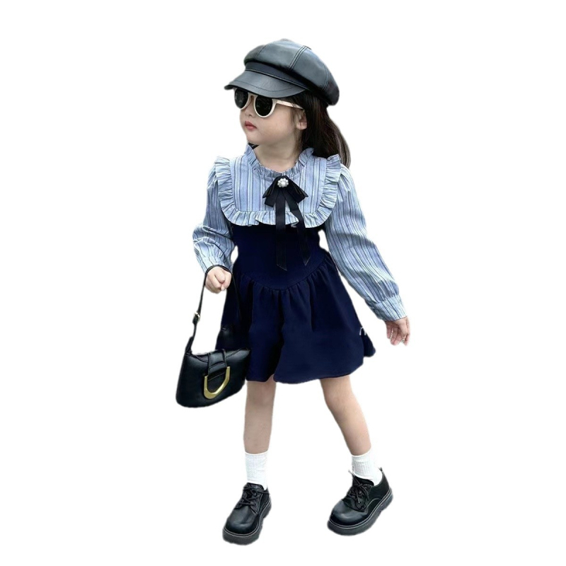 Jesenné dievčenské šaty s dlhým rukávom 2024 nové pre vaše dieťa vysokoškolský štýl falošné dve kórejské štýlové módne sukne