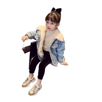 Tüdrukute mantel Talv 2023 Uus laste lambavillast fliisvoodriga paksendatud teksariidest mantel Tüdrukute sügis- ja talvepluus