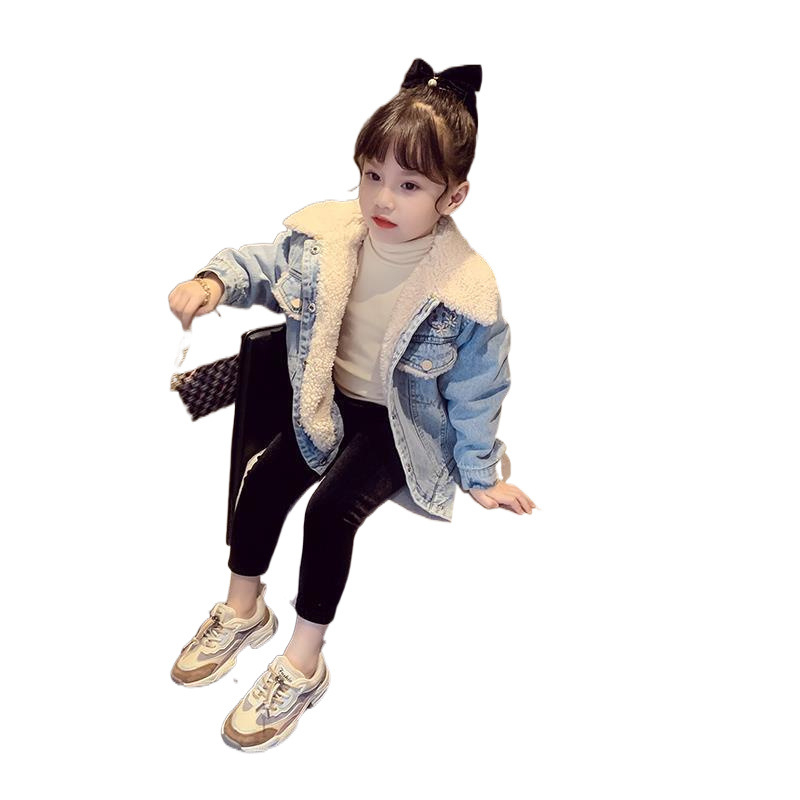 Tüdrukute mantel Talv 2023 Uus laste lambavillast fliisvoodriga paksendatud teksariidest mantel Tüdrukute sügis- ja talvepluus