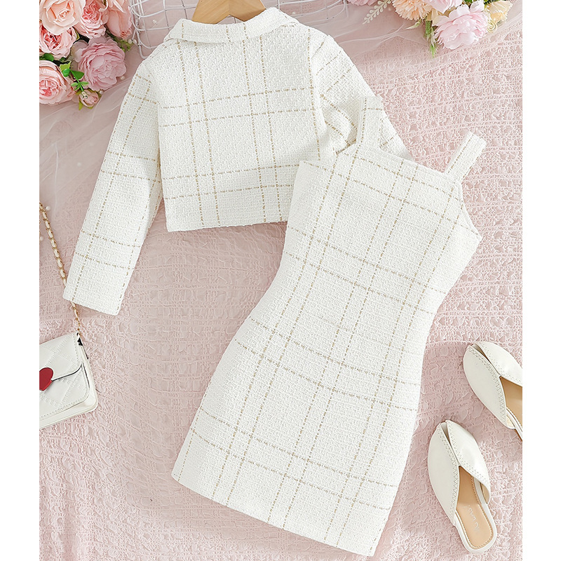 Dječje jesenje francuske dvodijelne haljine u europskom stilu, malo mirisno odijelo s tregerima za djevojčice, rever, dugi rukavi, karirana dječja haljina