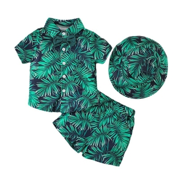 Καλοκαιρινό σετ με κοντομάνικα για αγόρια, τυπωμένο πουκάμισο, σορτς, καπέλο, σετ τριών τεμαχίων, παιδικά ρούχα παραλίας για μωρά, χαβανέζικα
