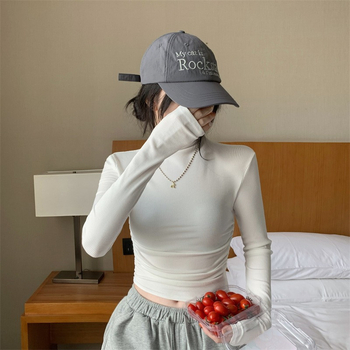 Dámske tričko s dlhým rukávom, sivý rolák, nové z roku 2023, jeseň a zima, vnútorný top, úzke skladané, sexi dievčenské tričko s dlhým rukávom