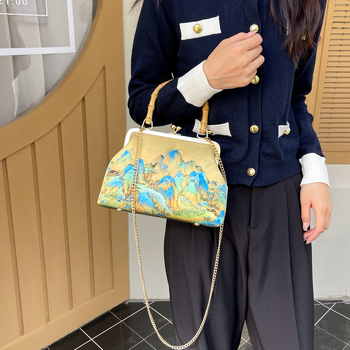 2024 Mapa Qianli Jiangshan ručne vyrobená látka DIY taška prenosná taška s klipom z bambusu prenosná zlatá taška s ústami hotová taška