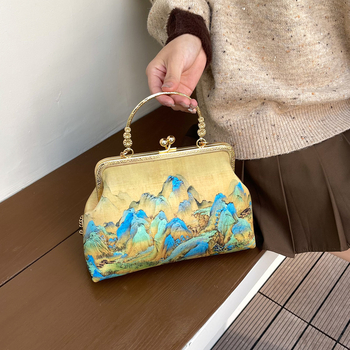 2024 Mapa Qianli Jiangshan ručne vyrobená látka DIY taška prenosná taška s klipom z bambusu prenosná zlatá taška s ústami hotová taška