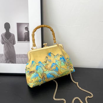 2024 Mapa Qianli Jiangshan ručne vyrobená látka DIY taška prenosná taška s klipom z bambusu prenosná zlatá taška s ústami hotová taška