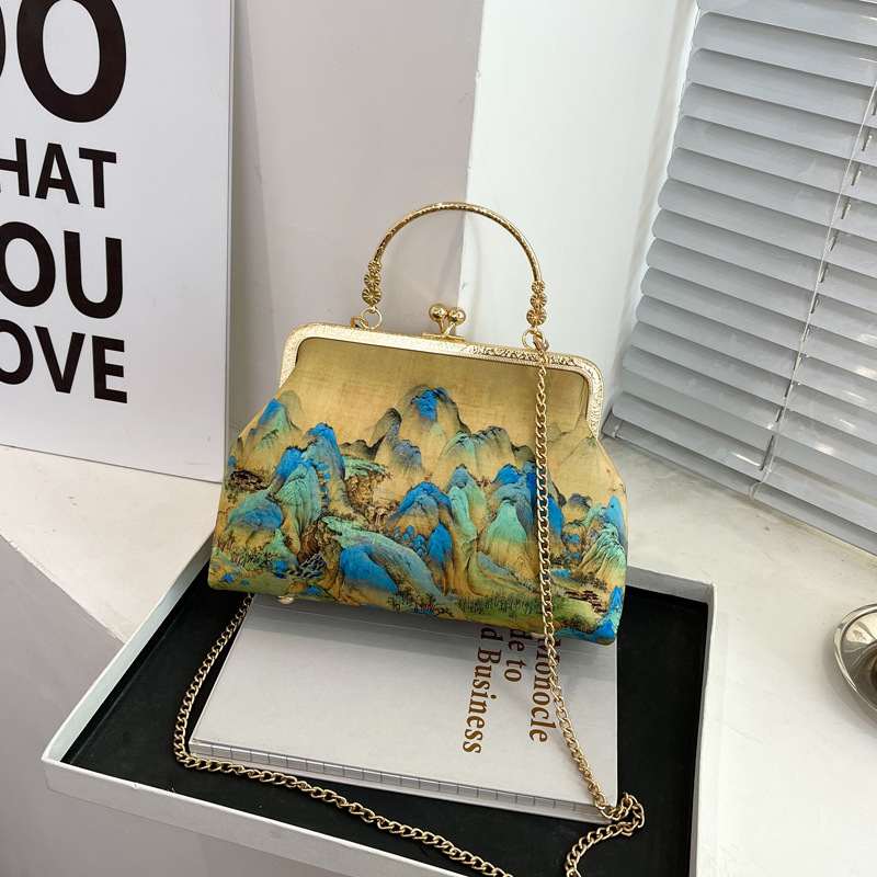 2024 Mapa Qianli Jiangshan ručne vyrobená látka DIY taška prenosná taška s klipom z bambusu prenosná zlatá taška s ústami hotová taška