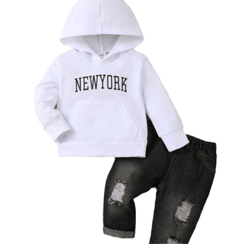 Ευρωπαϊκή και αμερικανική διασυνοριακή φθινοπωρινή και χειμερινή φούτερ με κουκούλα, εκτύπωση γραμμάτων σε δύο κομμάτια, τζιν παντελόνι και τυπωμένα γράμματα.