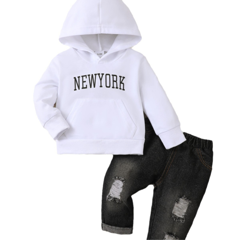 Európske a americké cezhraničné jesenné a zimné tepláky pre chlapčekov s kapucňou, potlačou písmen, dvojdielny top s potlačou písmen a džínsové nohavice