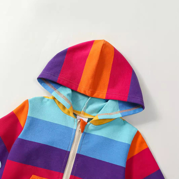 Beebitüdruku beebimood vabaaja vikerkaare triibuline kootud kangast kapuutsiga meeskonnakaelusega pikkade varrukatega lukuga mantel kapuutsiga