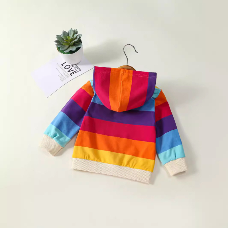 Beebitüdruku beebimood vabaaja vikerkaare triibuline kootud kangast kapuutsiga meeskonnakaelusega pikkade varrukatega lukuga mantel kapuutsiga