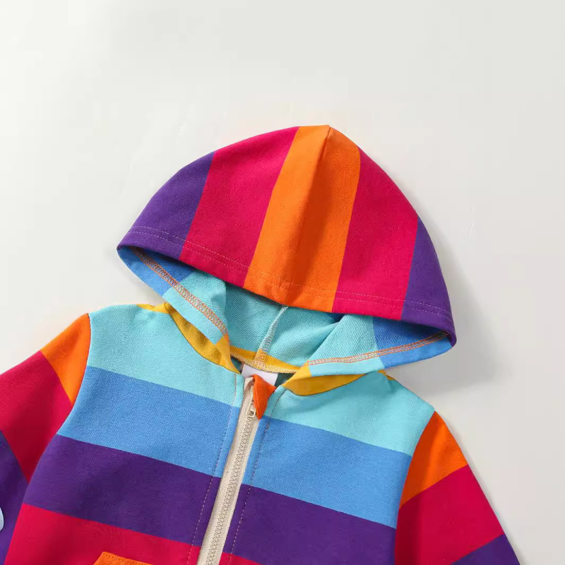 Beebitüdruku beebimood vabaaja vikerkaare triibuline kootud kangast kapuutsiga meeskonnakaelusega pikkade varrukatega lukuga mantel kapuutsiga