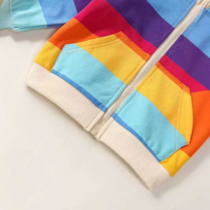 Beebitüdruku beebimood vabaaja vikerkaare triibuline kootud kangast kapuutsiga meeskonnakaelusega pikkade varrukatega lukuga mantel kapuutsiga