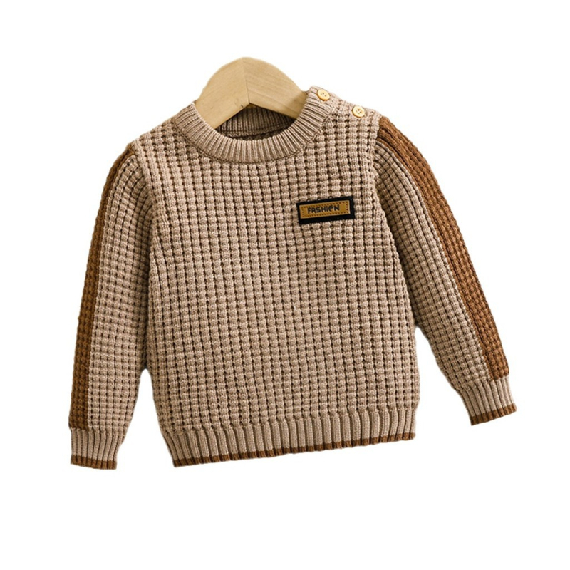 Karštai parduodamas naujas megztas kūdikiams megztinis rudas apvalios iškirptės, su pečiais ir sagomis, ilgomis rankovėmis, tinkantis rudeniui ir žiemai