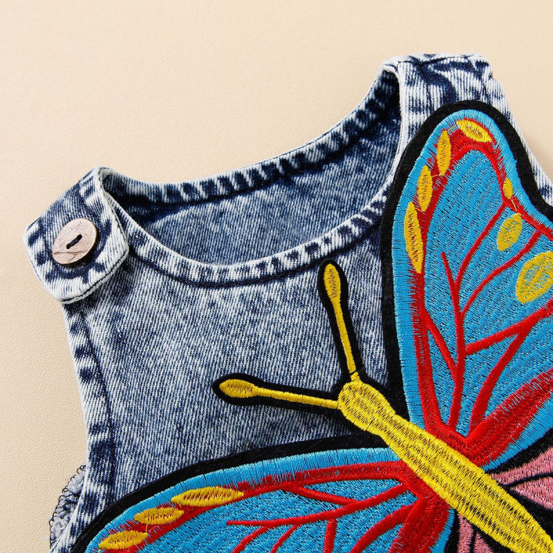 Vasaros naujagimio mergaitės didelis drugelis siuvinėtas vintažinis nėrinių diržo džinsinis sijonas