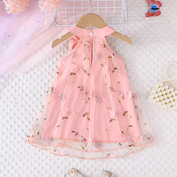 Παιδικά ρούχα Φόρεμα για μωρά κορίτσια με ροζ λουλούδια και φιόγκο, φόρεμα με πλέγμα