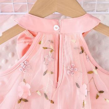 Παιδικά ρούχα Φόρεμα για μωρά κορίτσια με ροζ λουλούδια και φιόγκο, φόρεμα με πλέγμα