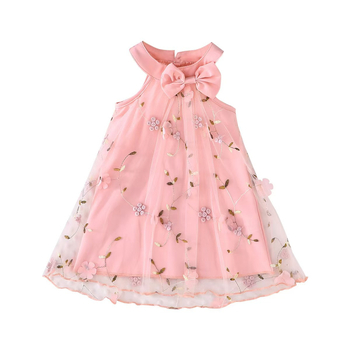 Παιδικά ρούχα Φόρεμα για μωρά κορίτσια με ροζ λουλούδια και φιόγκο, φόρεμα με πλέγμα