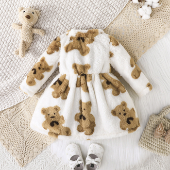 Φθινόπωρο και χειμώνας 2024 για νέο κορίτσι, χειμωνιάτικο, χαριτωμένο αρκουδάκι, βελούδινο φόρεμα με μακριά μανίκια για μωρά