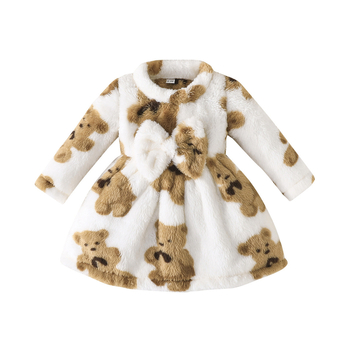 Φθινόπωρο και χειμώνας 2024 για νέο κορίτσι, χειμωνιάτικο, χαριτωμένο αρκουδάκι, βελούδινο φόρεμα με μακριά μανίκια για μωρά