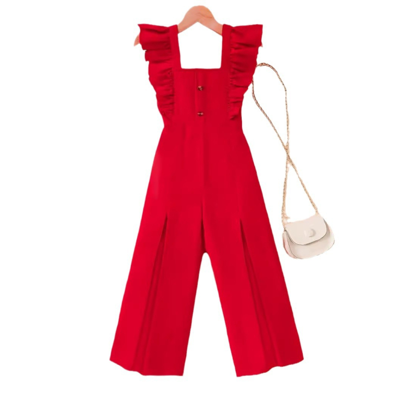 2024. aasta piiriülesed uued Prantsuse 3-10-aastased tüdrukud kannavad punast volangidega kõrgekvaliteedilist kombinesooni tehase väljamüügist