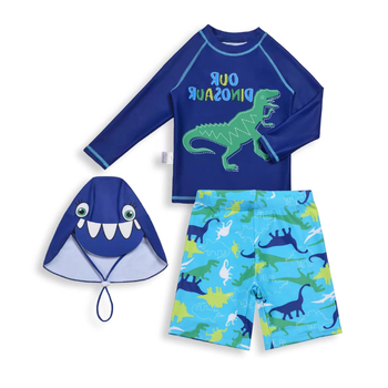 Detské plavky zelené s dinosaurom, rozparok, dlhé rukávy, chlapčenské plavky, trojdielna súprava, plážové nohavice s ochranou proti slnku a dinosauřím vzorom