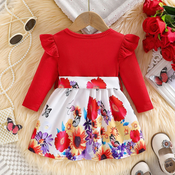 Detská jesenná súprava s dlhým rukávom a okrúhlym výstrihom s kvetinovou potlačou, roztomilá pohodlná sukňa po kolená, opasková sukňa