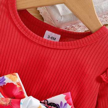 Detská jesenná súprava s dlhým rukávom a okrúhlym výstrihom s kvetinovou potlačou, roztomilá pohodlná sukňa po kolená, opasková sukňa