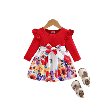 Detská jesenná súprava s dlhým rukávom a okrúhlym výstrihom s kvetinovou potlačou, roztomilá pohodlná sukňa po kolená, opasková sukňa