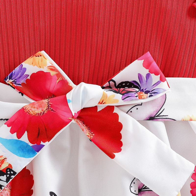 Detská jesenná súprava s dlhým rukávom a okrúhlym výstrihom s kvetinovou potlačou, roztomilá pohodlná sukňa po kolená, opasková sukňa