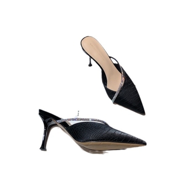 Γυναικεία σανδάλια και παντόφλες Baotou, καλοκαίρι 2024, νέο στυλ πανωφόρια, κομψά ημι-παντόφλες, μικρά φρέσκα, μυτερά ψηλοτάκουνα με στρας