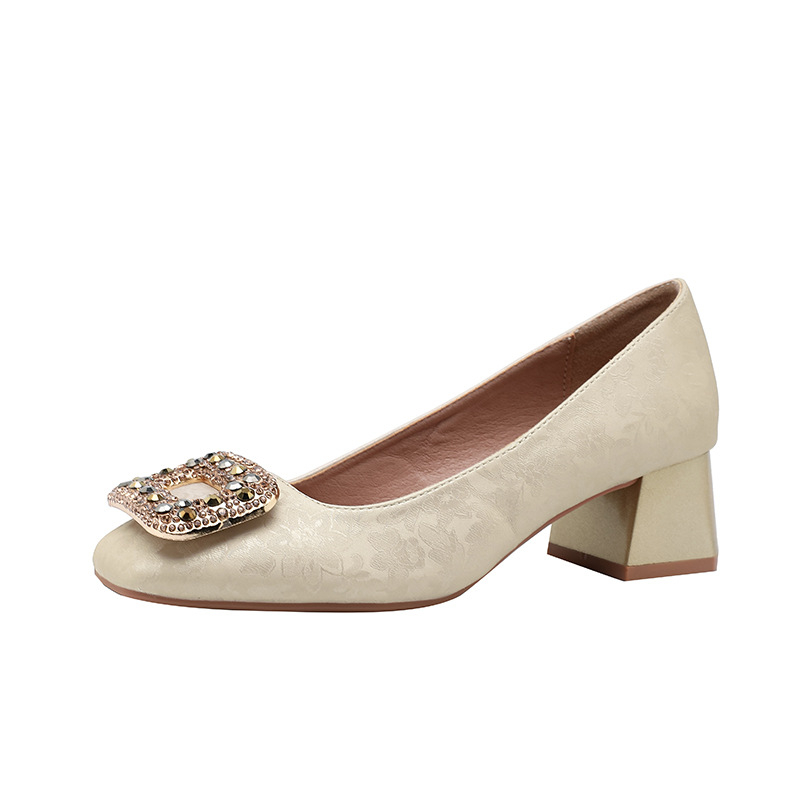 Jarné a jesenné vintage národné štýlové nové čínske topánky s hrubým podpätkom, pohodlné jednovrstvové topánky s štvorcovou prackou a kamienkami, elegantné francúzske topánky na vysokom podpätku