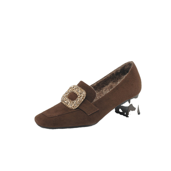 Νέα φθινοπωρινά και χειμερινά loafers με τετράγωνη κεφαλή για γυναίκες του 2023, με επένδυση από φλις, μεσαίο τακούνι, χοντρό τακούνι και βαθύ στόμα, βελούδινα μονόχρωμα παπούτσια για γυναίκες.