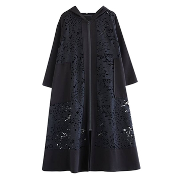 Laisvalaikio stiliaus, plius dydžio moteriški drabužiai su gobtuvu, 2024 m. pavasario ir rudens elegantiškas, laisvų siūlių megztinis, juodas lietpaltis, universalus madingas paltas