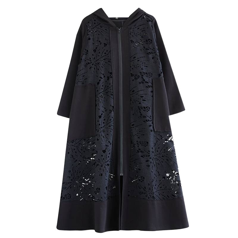 Laisvalaikio stiliaus, plius dydžio moteriški drabužiai su gobtuvu, 2024 m. pavasario ir rudens elegantiškas, laisvų siūlių megztinis, juodas lietpaltis, universalus madingas paltas