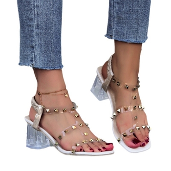 Γυναικεία Σανδάλια με ψηλοτάκουνα πέδιλα σε νέο καλοκαιρινό στυλ του 2024, μεγάλα μεγέθη, με χοντρό τακούνι ψαριού στο εξωτερικό, με slip-on κρυστάλλινο τακούνι