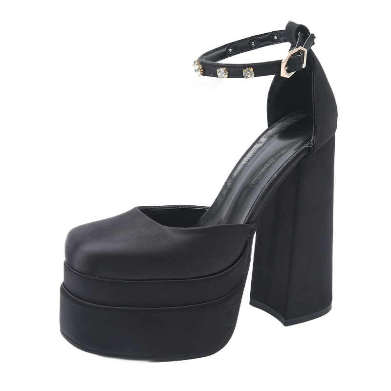 Európske a americké módne zahraničné obchodné sandále na vysokom podpätku s kamienkami, saténové sandále na vysokom podpätku, dámske topánky na platforme s hrubým podpätkom