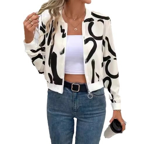 Európai és amerikai határokon átnyúló őszi/téli 2024 elegáns női mintás, cipzáras baseballdzseki, lezser felsőkabát