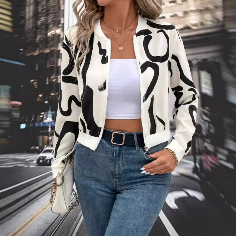 Európai és amerikai határokon átnyúló őszi/téli 2024 elegáns női mintás, cipzáras baseballdzseki, lezser felsőkabát