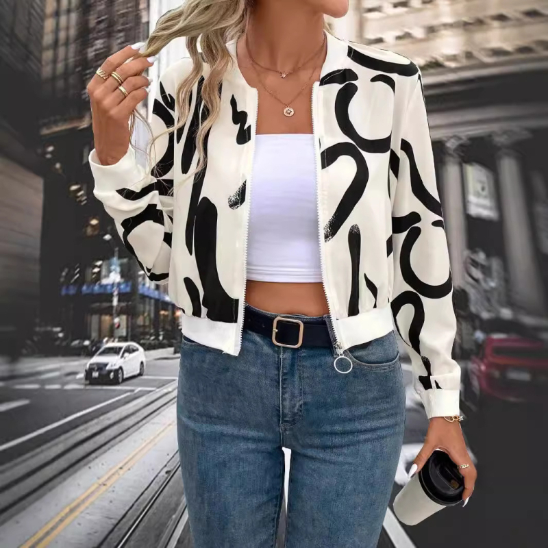 Európai és amerikai határokon átnyúló őszi/téli 2024 elegáns női mintás, cipzáras baseballdzseki, lezser felsőkabát