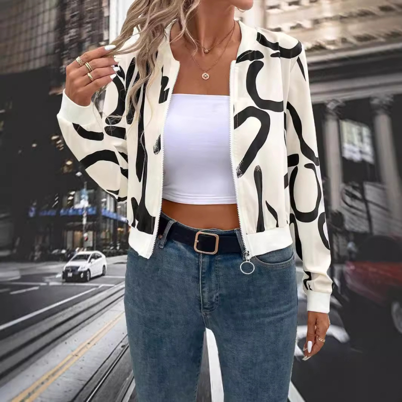 Európai és amerikai határokon átnyúló őszi/téli 2024 elegáns női mintás, cipzáras baseballdzseki, lezser felsőkabát