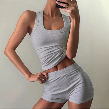 Γυναικείο Casual Μονόχρωμο Γιλέκο με Στρογγυλή Λαιμόκοψη, Ψηλόμεσο Σορτς, Σέξι Spice Κοστούμι, Y2K Ευρωπαϊκό Εξωτερικό Εμπόριο