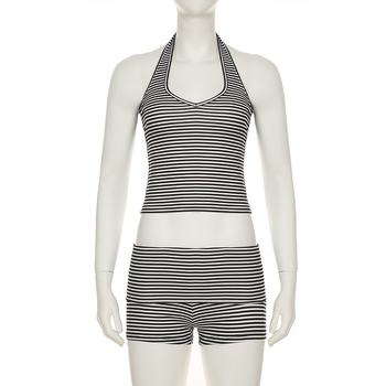 Άνοιξη 2025 Νέο άνετο, απλό, χαμηλό γιακά, χρωματικό μπλοκ σχέδιο με υφή και εκτεθειμένη μέση, σετ δύο τεμαχίων