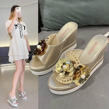 Dámske sandále na kline, letné nové 2024, veľkosť L, flitrované kvetinové sandále s rybou špičkou, platforma, dámske topánky