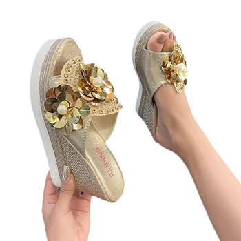 Dámske sandále na kline, letné nové 2024, veľkosť L, flitrované kvetinové sandále s rybou špičkou, platforma, dámske topánky