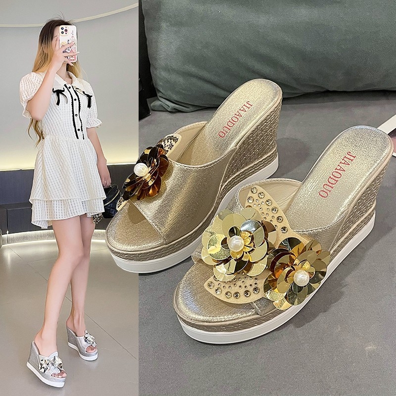 Dámske sandále na kline, letné nové 2024, veľkosť L, flitrované kvetinové sandále s rybou špičkou, platforma, dámske topánky