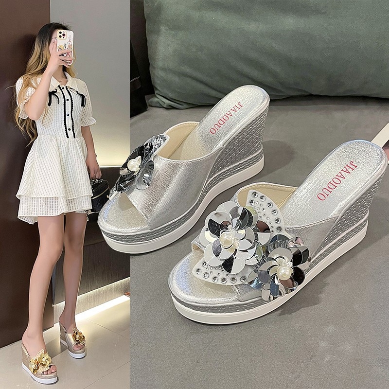 Dámske sandále na kline, letné nové 2024, veľkosť L, flitrované kvetinové sandále s rybou špičkou, platforma, dámske topánky