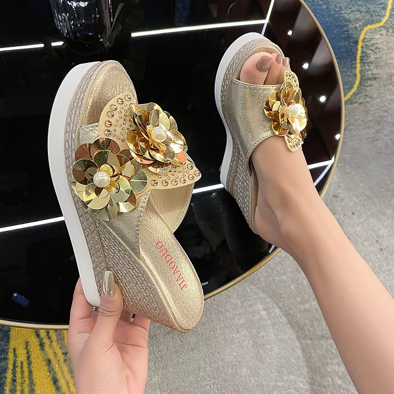 Dámske sandále na kline, letné nové 2024, veľkosť L, flitrované kvetinové sandále s rybou špičkou, platforma, dámske topánky