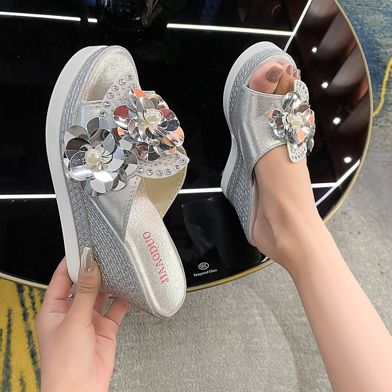 Dámske sandále na kline, letné nové 2024, veľkosť L, flitrované kvetinové sandále s rybou špičkou, platforma, dámske topánky